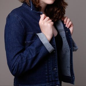 Rich denim blue jacket worn for photoshoot